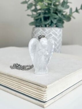 Carved Selenite Healing Guardian Angel Pendant Necklace 18 inch